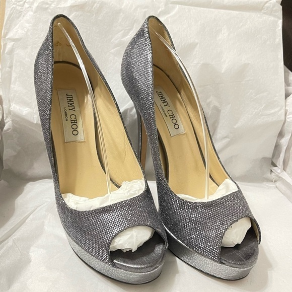 Jimmy Choo Dahlia, Dark silver Glitter peep pumps EU38.5 120mm, 3/4 platform. - Picture 4 of 10